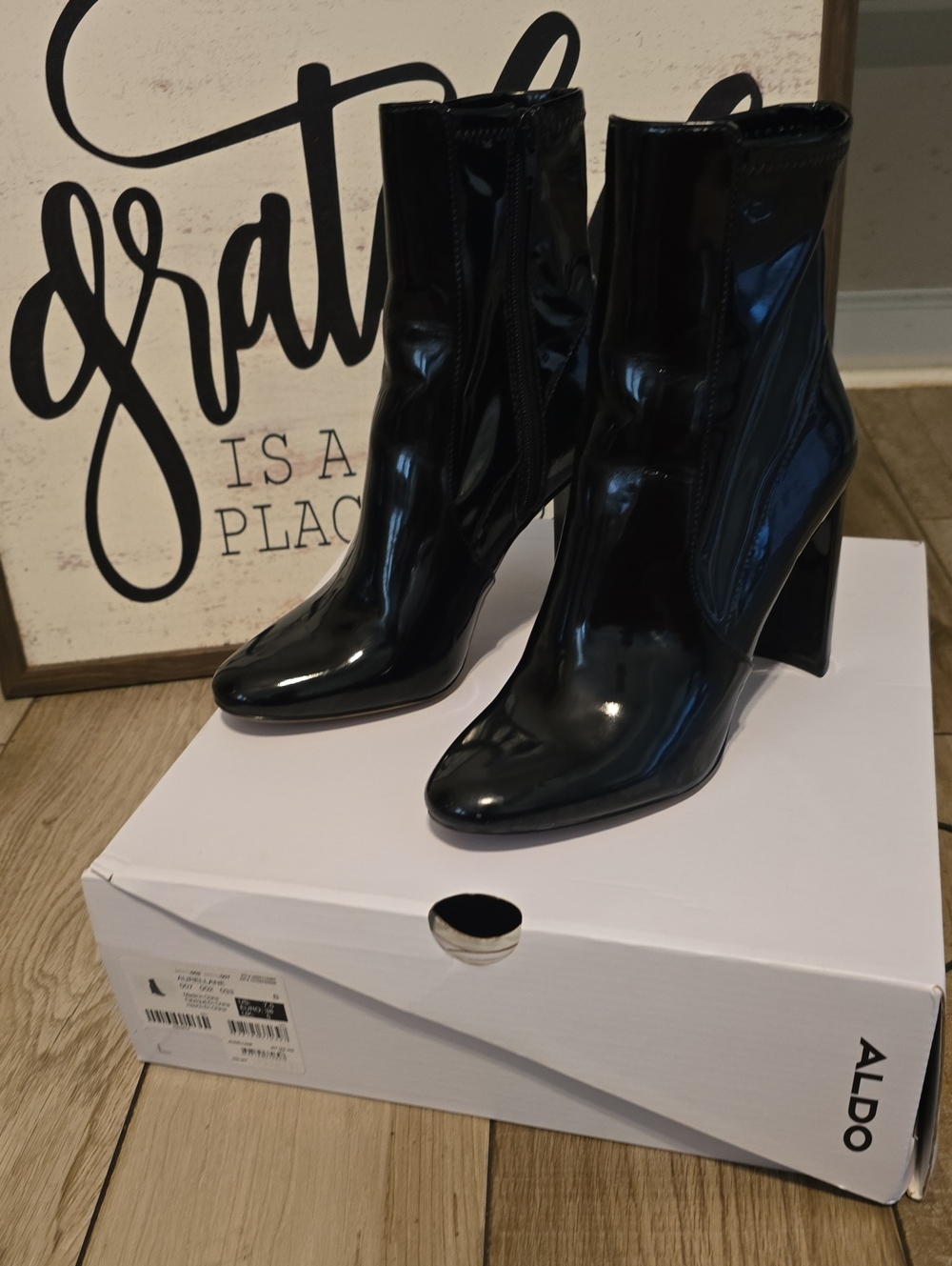 Aldo Black Patent Block-Heel Ankle Boots